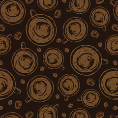 Seamless coffee beans and cups pattern. Vector watercolor coffee background
