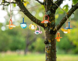 Colorful baby pacifiers hang on tree branches with green blurry background