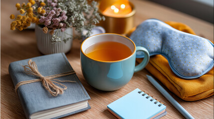Adult assembling self-care kit: tea, journal, eye mask, notes, self care, routine, mental health, resilience, toolkit, with copy space