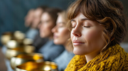 Sound bath session with singing bowls, eyes closed participants, self care, sound therapy, relaxation, vibrational healing, group calm, with copy space