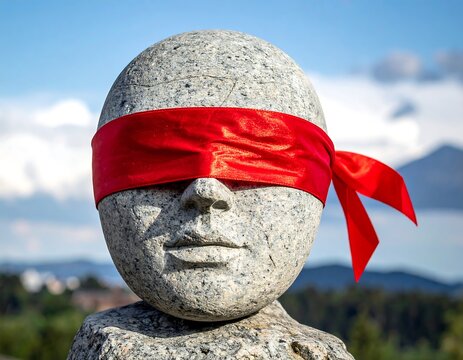 Stone head sculpture wearing a vibrant red blindfold against a blurred natural backdrop with sky and trees