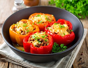 Colorful baked bell peppers stuffed with meat and cheese, presented in a black bowl