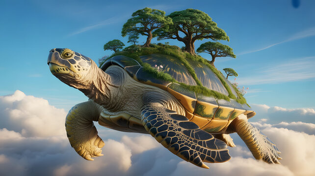 Flying Giant Turtle with an Island on Its Back