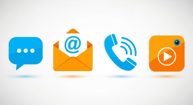 A vibrant set of four essential communication icons including message, email, phone, and video, styled with a modern graphic effect
