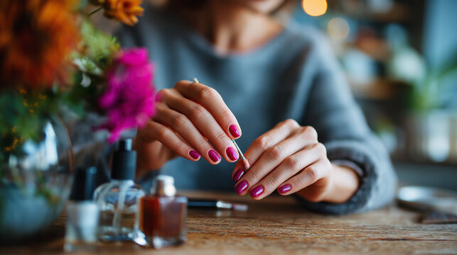 Adult painting nails mindfully, slow strokes, tidy setup, self care, grooming, ritual, calm, home spa, minimal aesthetic, with copy space