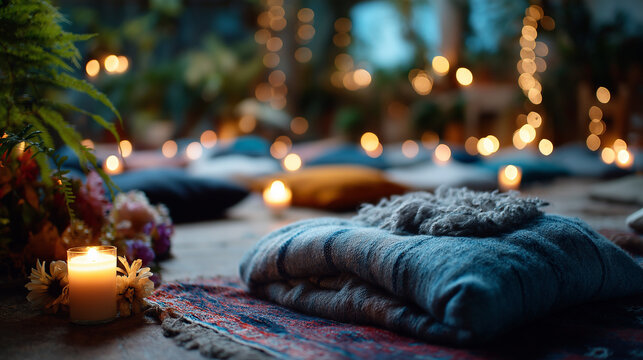 Candlelit restorative yoga savasana group, blankets and bolsters, self care, deep rest, restoration, nervous system, community calm, with copy space