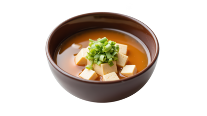 Delicious tofu soup with green onions in brown bowl, showcasing warm and inviting presentation