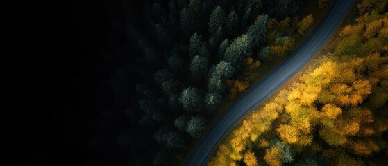 Aerial drone shot of winding road through autumn forest, cinematic composition,
