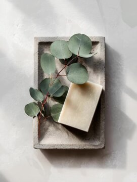 Minimal tray with natural soap and eucalyptus leaves on soft shadows, a clean and modern spa composition