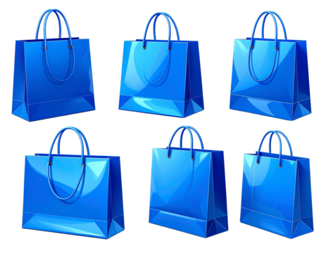 3D Blue Shopping Bags Collection Isolated on Transparent Background