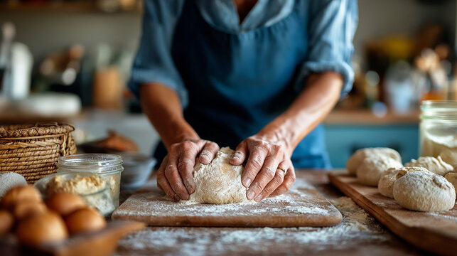 Adult learning bread baking, kneading dough on wooden board, self care, cooking class, sourdough, artisan, comfort, home skills, with copy space