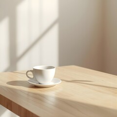 Minimal Café Table Setting with Coffee Mug and Dessert Plate in Soft Sunlight
