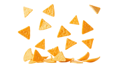 Crispy tortilla chips falling in mid air, showcasing vibrant orange color and triangular shape, perfect for snacking and sharing