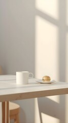 Minimal Café Table Setting with Coffee Mug and Dessert Plate in Soft Sunlight