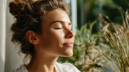 Breathwork practice by open window with plants swaying, self care, breathwork, mindfulness, nervous system, grounding, serenity, with copy space