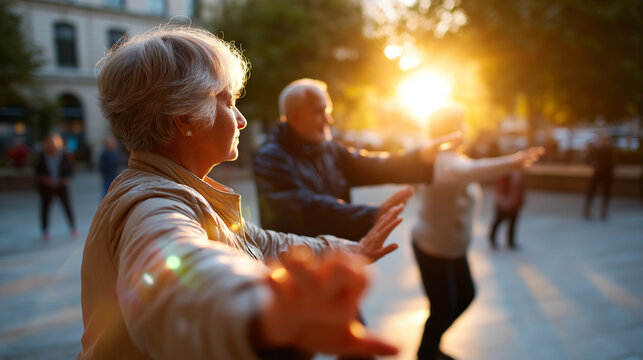 Sunset tai chi group in city plaza, soft motion blur, self care, tai chi, balance, senior fitness, community, mindfulness, with copy space