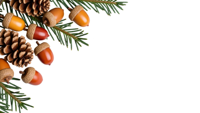 Pinecones, acorns, and evergreen branches create cozy autumn atmosphere, perfect for seasonal decor and nature inspired themes