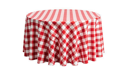 Red and white checkered tablecloth, round shape, perfect for picnics and outdoor dining, adds classic touch to any table setting