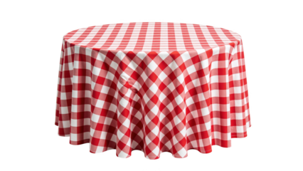 Red and white checkered tablecloth, round shape, perfect for picnics and outdoor dining, adds classic touch to any table setting