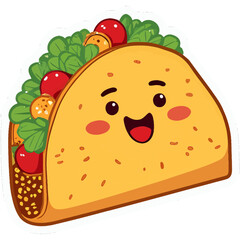 A chubby taco with a happy expression, stuffed with colorful ingredients | kawaii cartoon style | bright cheerful colors | smiling face with cute eyes | lettuce, tomato, cheese, and meat peeking out 
