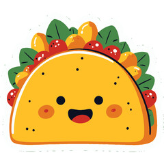 A chubby taco with a happy expression, stuffed with colorful ingredients | kawaii cartoon style | bright cheerful colors | smiling face with cute eyes | lettuce, tomato, cheese, and meat peeking out 