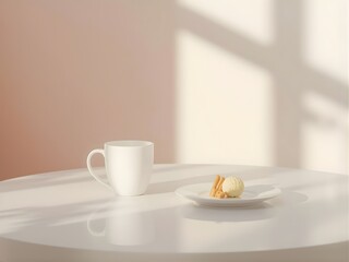 Minimal Café Table Setting with Coffee Mug and Dessert Plate in Soft Sunlight