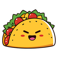 A chubby taco with a happy expression, stuffed with colorful ingredients | kawaii cartoon style | bright cheerful colors | smiling face with cute eyes | lettuce, tomato, cheese, and meat peeking out 