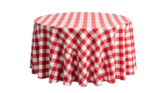 Red and white checkered tablecloth, round shape, perfect for picnics and outdoor dining, adds classic touch to any table setting