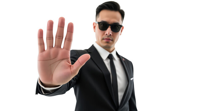 Professional man in suit with sunglasses, signaling to stop. Confident demeanor, urban background, conveying authority and security