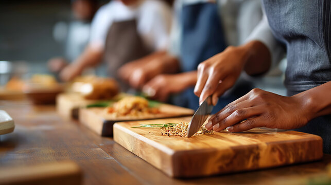 Cooking class chopping skills demo, line of cutting boards, self care, cooking school, knife skills, culinary basics, confidence, with copy space