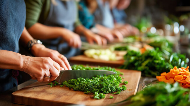 Cooking class chopping skills demo, line of cutting boards, self care, cooking school, knife skills, culinary basics, confidence, with copy space