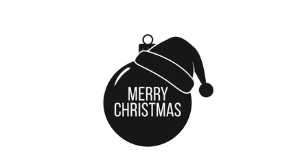 Simple black silhouette of a christmas ornament with merry christmas text and santa hat on a white background