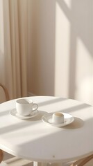 Minimal Café Table Setting with Coffee Mug and Dessert Plate in Soft Sunlight