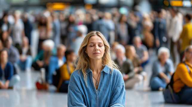 Public meditation flash mob sitting quietly in station hall, self care, stillness, community meditation, city life, awareness, with copy space