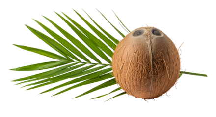 Whole coconut with a green palm leaf isolated on transparent background