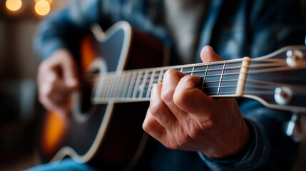 Fototapeta premium Adult beginner in guitar class focusing on chords, self care, music lesson, neuroplasticity, hobby, growth mindset, with copy space
