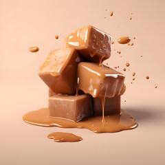 caramel stacked on top of each other, melting and looking delicious isolated background