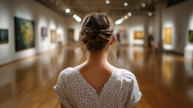 Quiet museum visit with audio guide, mindful art viewing, self care, culture, slow looking, sanctuary, public calm, with copy space