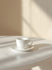 Minimal Café Table Setting with Coffee Mug and Dessert Plate in Soft Sunlight