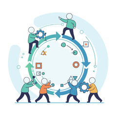 Diverse Team Collaborating on Digital Schedule Board with Flowchart Elements and Arrows Indicating Process Cycles in Flat Vector Style