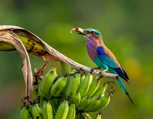 Colorful bird with a prey in its beak perched on a branch near a bunch of bananas