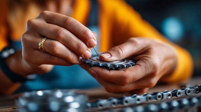 Adult learning bike repair at community workshop, self care, practical skills, empowerment, sustainability, hands on, with copy space