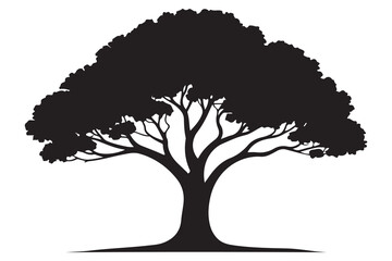 Fototapeta premium Large tree silhouette icon with spreading branches and dense foliage in bold black design 