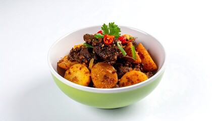 Colorful bowl with hearty stew featuring potatoes and meat against white background
