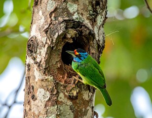 Colorful bird with vibrant plumage peeks from a tree hollow