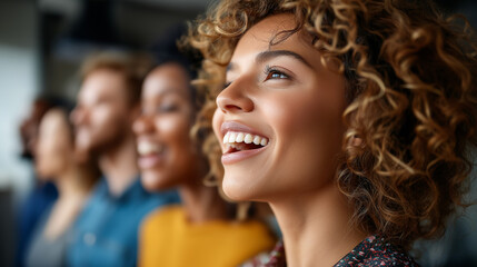 Fototapeta premium Community choir practice, open mouths and shared joy, self care, music, connection, hobby, voice, emotional health, with copy space