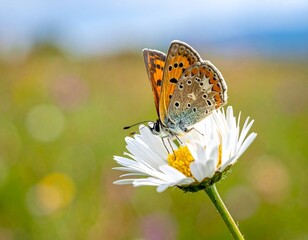 Colorful butterfly perched gracefully atop a daisy in a vibrant meadow