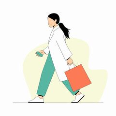 An illustration of a stylish woman walking with a shopping bag, conveying themes of modern lifestyle, consumerism, and urban fashion in a minimalistic design.