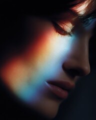 Obraz premium Portrait of woman with rainbow light across face, artistic photography,