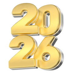 Obraz premium Shining metallic gold and chrome 3D numbers forming the year 2026, isolated graphic element for design projects.